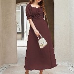 Sugathari Solid Puff Sleeve A-Line Midi Dress