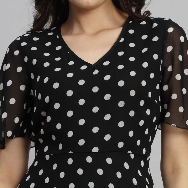 Curvydrobe Polka Dot Flared Sleeve A-Line Midi Dress