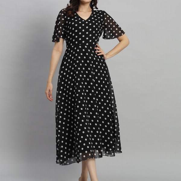 Curvydrobe Polka Dot Flared Sleeve A-Line Midi Dress