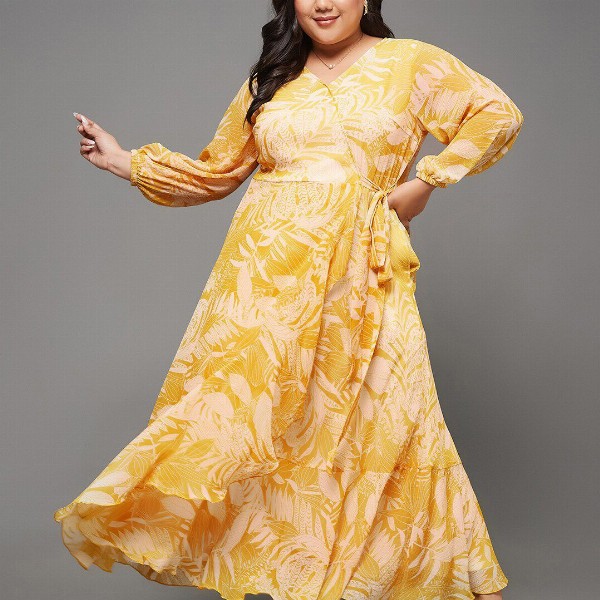Miss Chase A+ Plus Size Floral Printed V-Neck Flared Maxi Dress