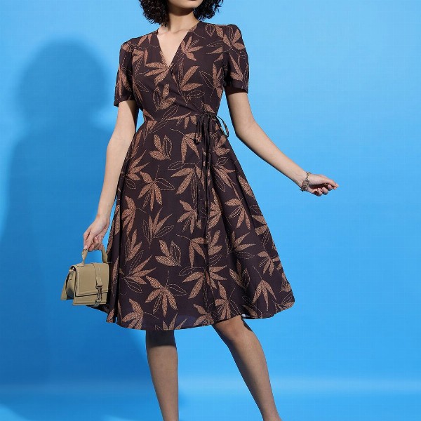 KETCH Printed Fit & Flare V-Neck Wrap Dress