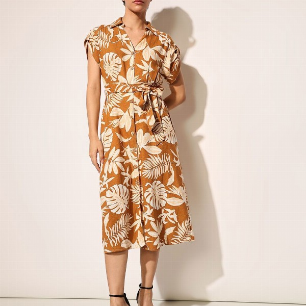 ONLY Women Floral Print Shirt Collar Short Sleeves Shirt Midi Dress