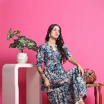 Claura Women Floral Print Mandarin Collar Short Sleeves Fit and Flare Midi Dress