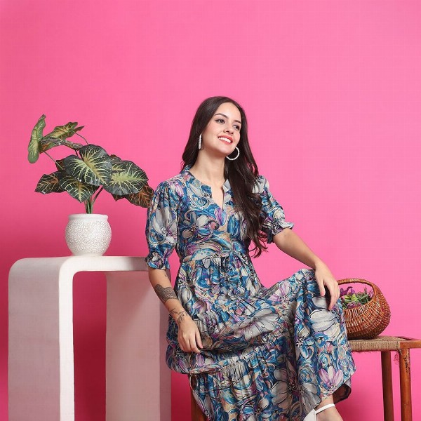 Claura Women Floral Print Mandarin Collar Short Sleeves Fit and Flare Midi Dress