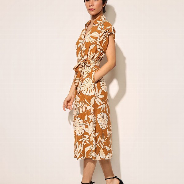 ONLY Women Floral Print Shirt Collar Short Sleeves Shirt Midi Dress