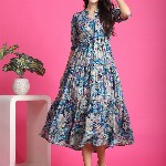 Claura Women Floral Print Mandarin Collar Short Sleeves Fit and Flare Midi Dress