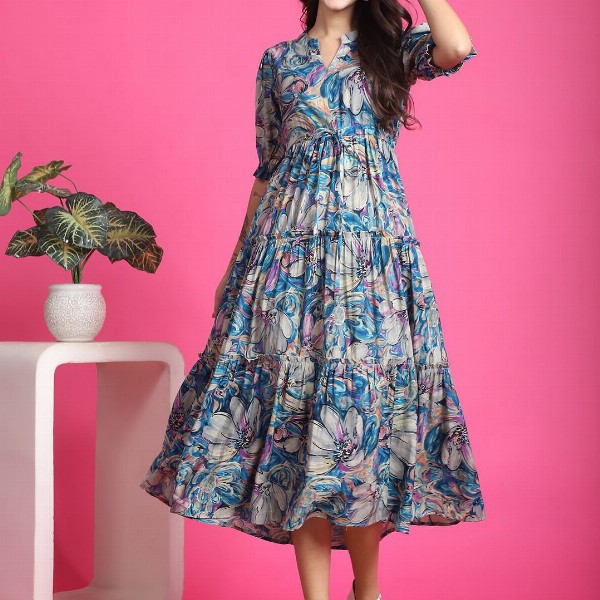 Claura Women Floral Print Mandarin Collar Short Sleeves Fit and Flare Midi Dress