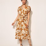 ONLY Women Floral Print Shirt Collar Short Sleeves Shirt Midi Dress