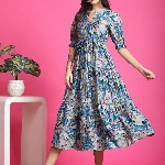 Claura Women Floral Print Mandarin Collar Short Sleeves Fit and Flare Midi Dress