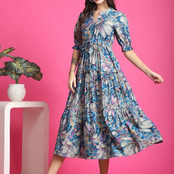 Claura Women Floral Print Mandarin Collar Short Sleeves Fit and Flare Midi Dress