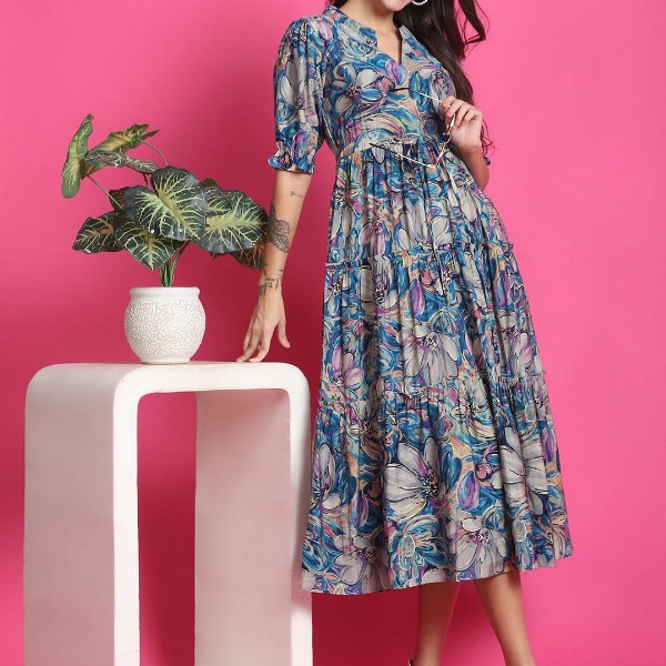 Claura Women Floral Print Mandarin Collar Short Sleeves Fit and Flare Midi Dress