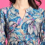 Claura Women Floral Print Mandarin Collar Short Sleeves Fit and Flare Midi Dress