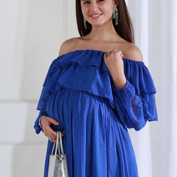 Shades of Sabi Women Off-Shoulder Puff Sleeve Ruffled Maternity Empire Dress