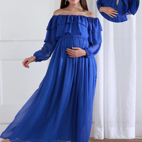 Shades of Sabi Women Off-Shoulder Puff Sleeve Ruffled Maternity Empire Dress