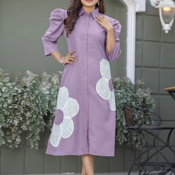 WEAVLLITE Floral Puff Sleeve Applique A-Line Midi Dress