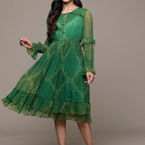 aarke Ritu Kumar Print Tie-Up Neck Puff Sleeve Ruffled Chiffon Fit & Flare Dress