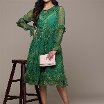 aarke Ritu Kumar Print Tie-Up Neck Puff Sleeve Ruffled Chiffon Fit & Flare Dress