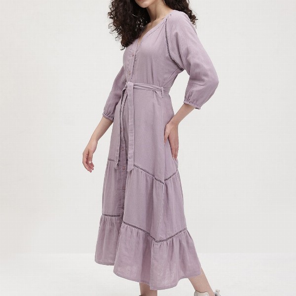 The Roadster Life Co. Pure Cotton Puff Sleeve Belted Tiered Midi Dress