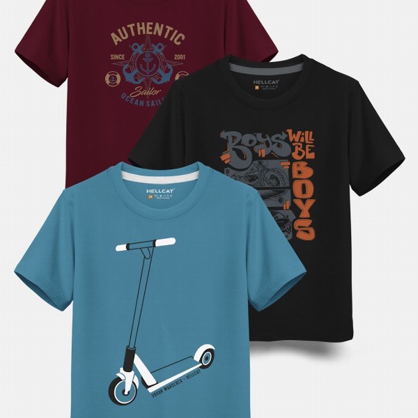HELLCAT Boys Pack Of 3 Printed Cotton T-shirt