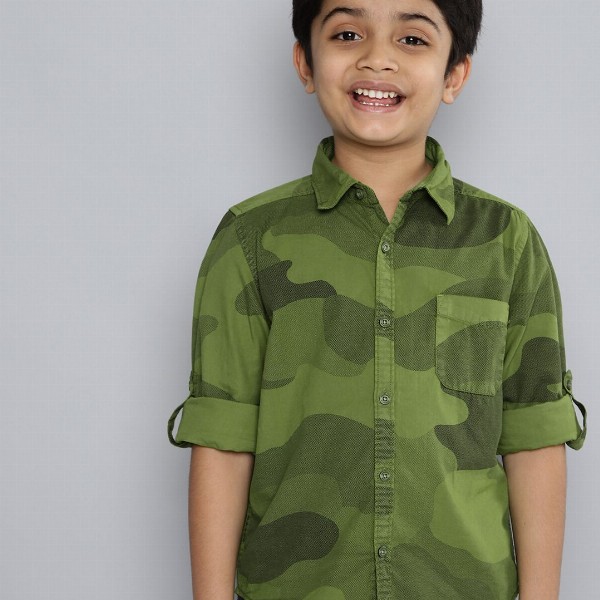 HERE&NOW Boys Olive Green Pure Cotton Printed Casual Shirt