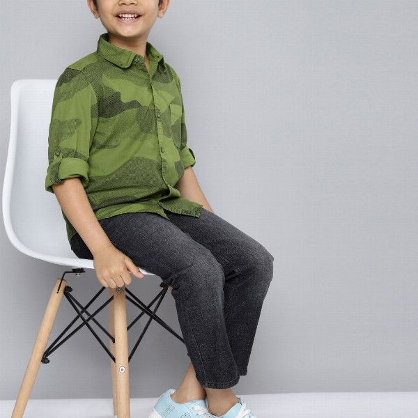 HERE&NOW Boys Olive Green Pure Cotton Printed Casual Shirt