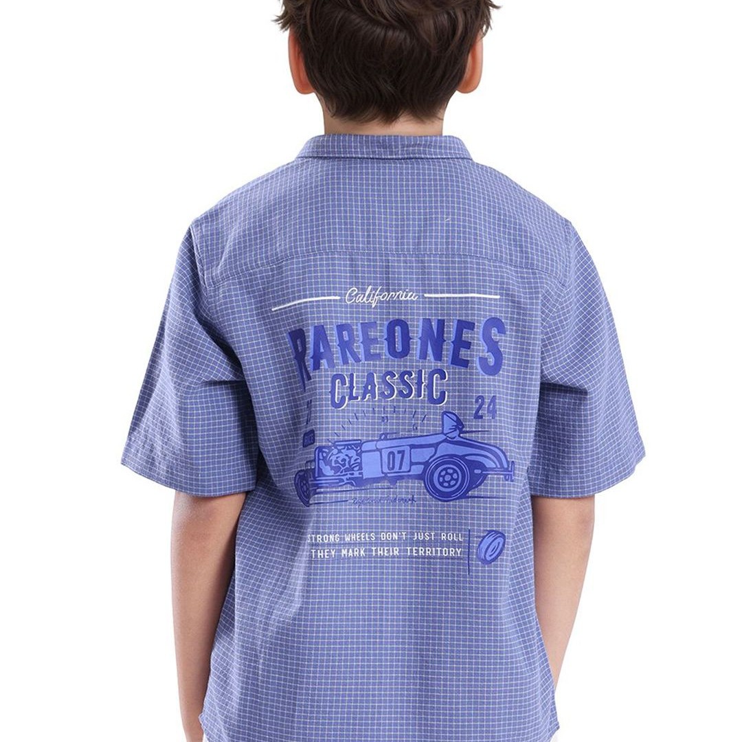 RARE ONES Boys Micro Checks Printed Spread Collar Short Sleeves Casual Cotton Shirt