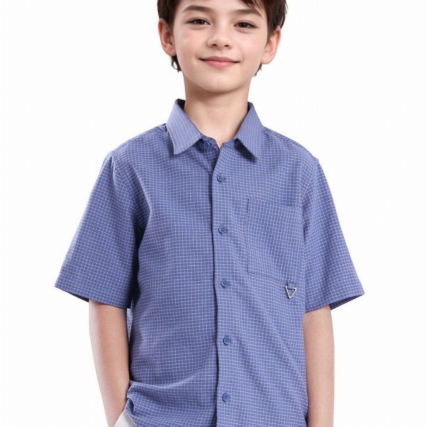 RARE ONES Boys Micro Checks Printed Spread Collar Short Sleeves Casual Cotton Shirt