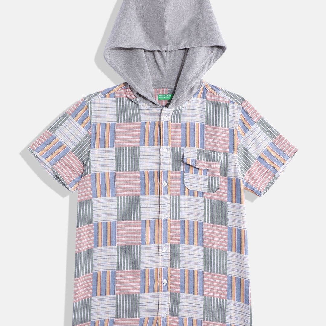 United Colors of Benetton Boys Pure Cotton Checked Hooded Shirt