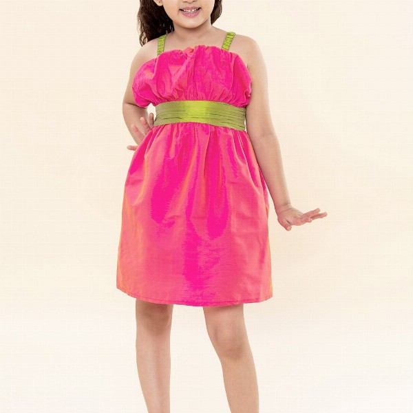A T U N Girls Pink & Green Solid Fit and Flare Dress