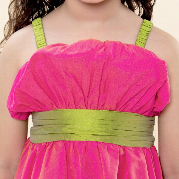 A T U N Girls Pink & Green Solid Fit and Flare Dress