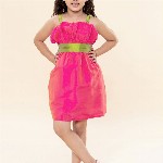 A T U N Girls Pink & Green Solid Fit and Flare Dress