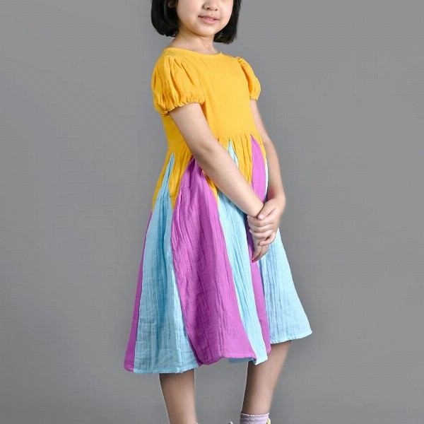 Nature Nook Kids Girls Colourblocked Puff Sleeve Fit & Flare Dress