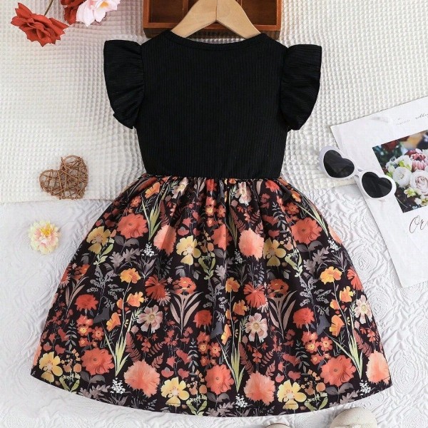 Miss & Chief Girl Floral Print Round Neck Flutter Sleeves Fit & Flare Dress