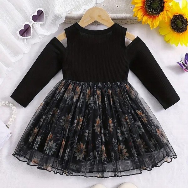 BAESD Floral Print Cold-Shoulder Net Fit & Flare Dress