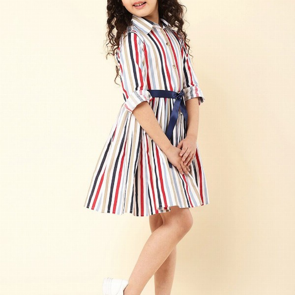 A T U N Multicoloured Striped Keyhole Neck Dress