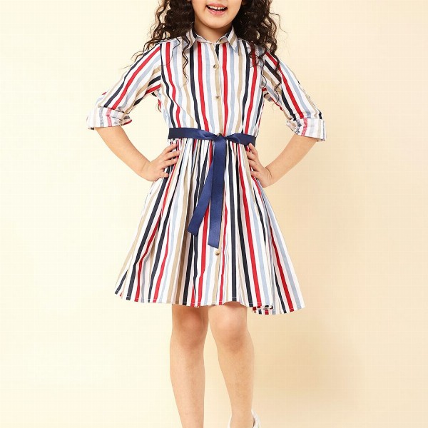 A T U N Multicoloured Striped Keyhole Neck Dress