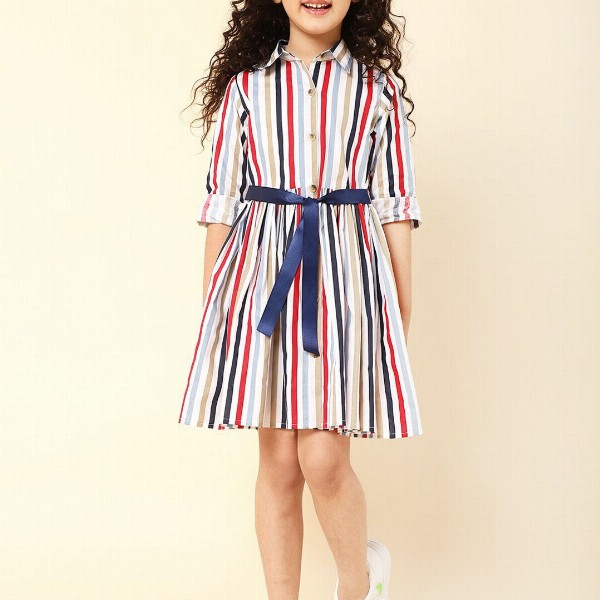 A T U N Multicoloured Striped Keyhole Neck Dress