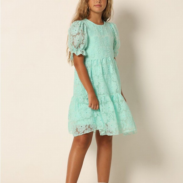 Vero Moda Girls Self Design Puff Sleeve A-Line Dress