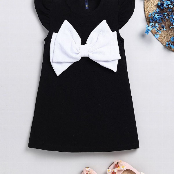 YK Girls Front Bow Styles Round Neck Solid Printed A-Line Dress