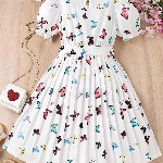 BAESD Girls Conversational Print Round Neck Puff Sleeves Cotton Fit & Flare Dress