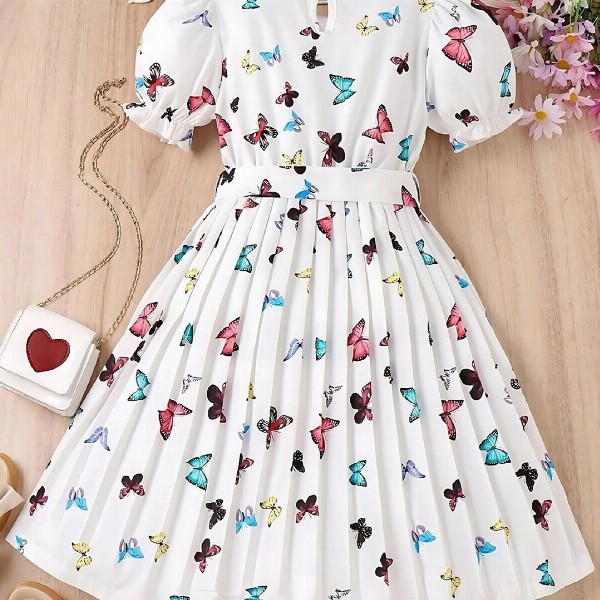 BAESD Girls Conversational Print Round Neck Puff Sleeves Cotton Fit & Flare Dress