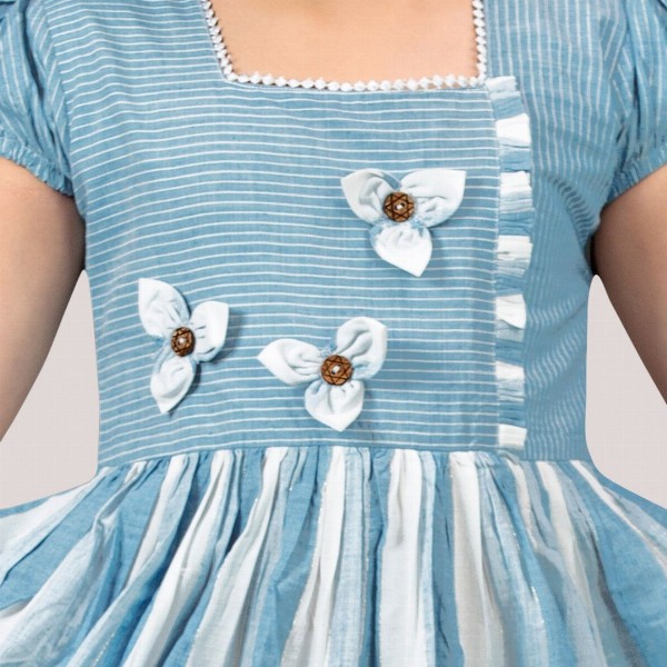 YK Girl Striped Square Neck Puff Sleeve Tiered Fit & Flare Midi Dress