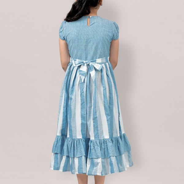 YK Girl Striped Square Neck Puff Sleeve Tiered Fit & Flare Midi Dress