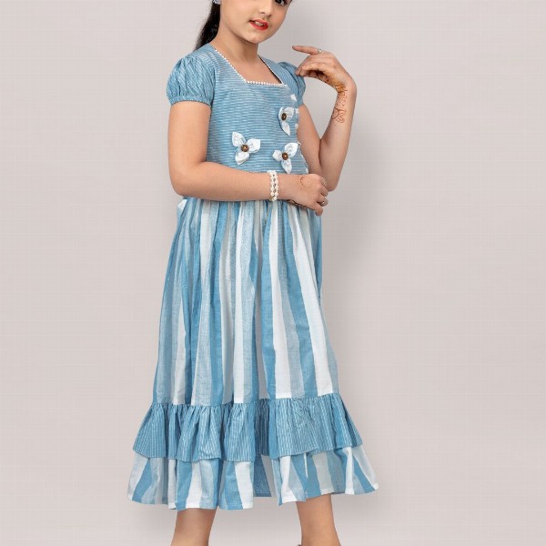 YK Girl Striped Square Neck Puff Sleeve Tiered Fit & Flare Midi Dress