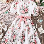 BAESD Girls Floral Print Round Neck Short Puff Sleeves Fit & Flare Dress