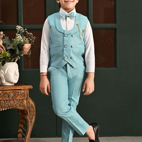 BT DEZINES Boys Solid Double-Breasted Three-Piece Suit