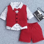 BUMZEE Infants Boys Striped Shirt Collar Pure Cotton Shirt With Shorts And Bow Waistcoat