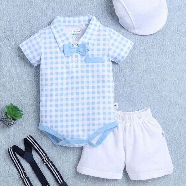 BUMZEE Boys Checked Pure Cotton Leotard With Shorts