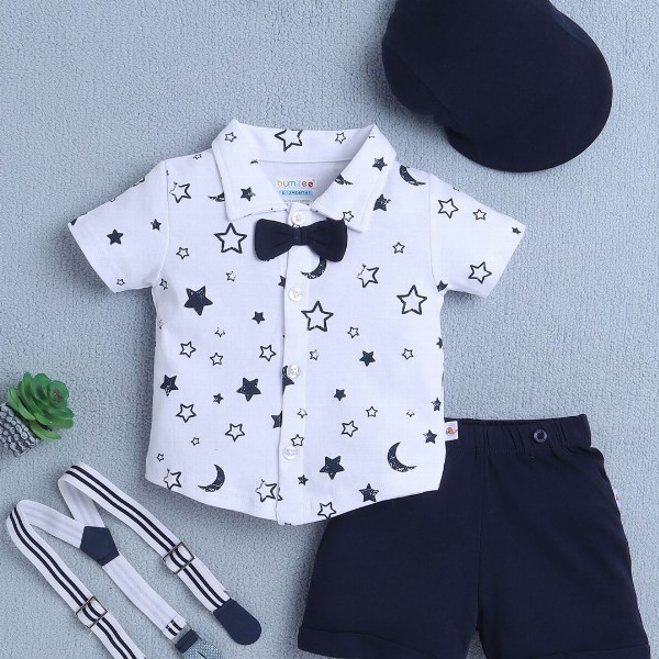 BUMZEE Boys Printed Pure Cotton Shirt with Short Set With Bow Suspender & Cap