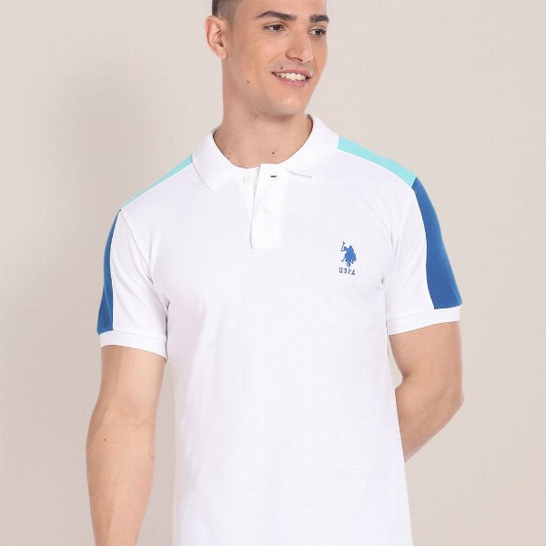 U.S. Polo Assn. Colourblocked Polo Collar Pure Cotton Slim Fit T-shirt